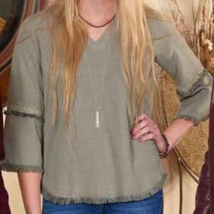 Montanaco Loden VNeck top raw frayed edges XS L XL